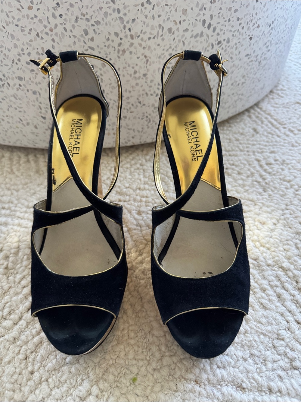 MICHAEL Michael Kors Black Suede Wedge with Gold heel and Trim